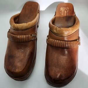 Stride Rite Vintage‎ Boho Brown Leather Mules with Wooden Soles Sz 7.5B